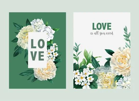 Set of three premade cards with white peonies Stock Illustration