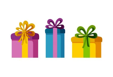Set of three present boxes of different sizes and colors. Gifts for a holiday Illustrazione stock