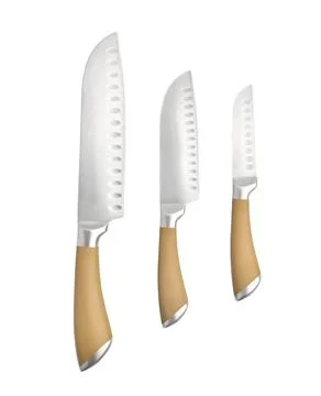 Set of three professional kitchen knives close-up isolated on white backgroun Stock Photos