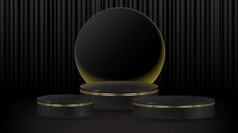 Set of three realistic 3D black cylinder pedestal podium set with dark curt.. Stock Illustration