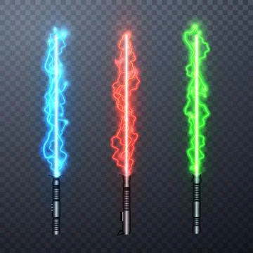 Set of three realistic electric light swords isolated on transparent backgrou Stock Illustration