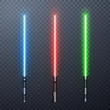 Set of three realistic light swords isolated on transparent background. Vecto Stock Illustration