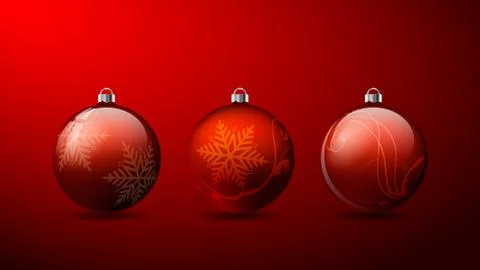 Set of three Red 3D Christmas balls with snowflake pattern and shadows on a R Stock Illustration