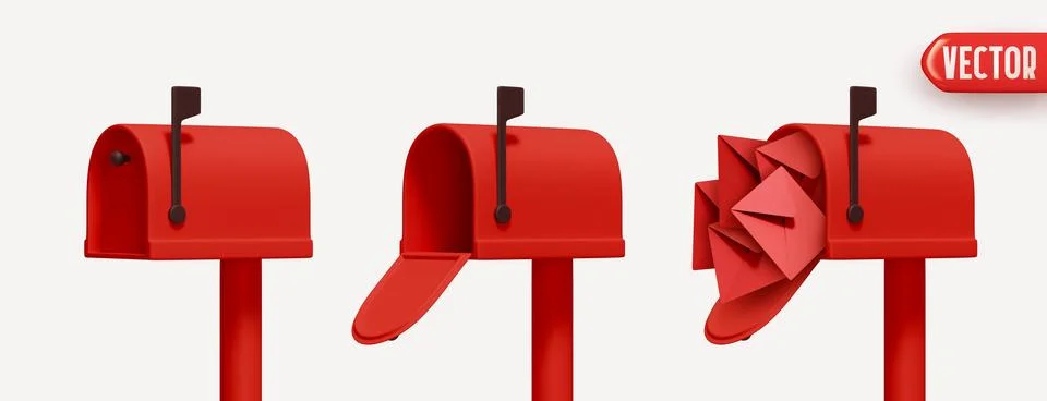 Set of three red mailboxes realistic 3d design, open box, closed and with m.. Stock Illustration