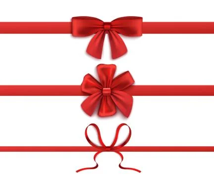 Set of three red silk ribbons with bows realistic vector illustration isolate Stock Illustration