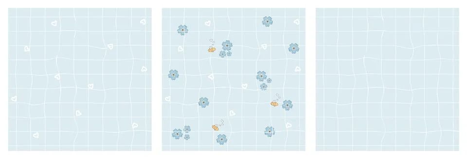 Set of three repeat seamless patterns. White daffodils, blue forget me not fl Stock Illustration