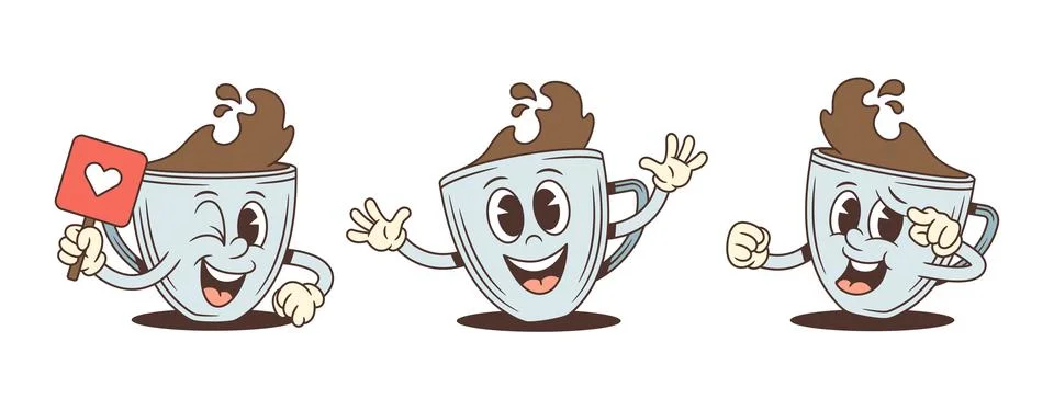 Set of three retro coffee cup cartoon characters. Includes winking with a hea Ilustración de archivo