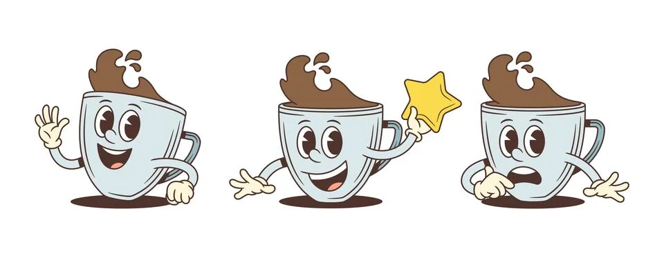 Set of three retro coffee cup cartoon characters with various emotions. Inclu Stock-Illustration