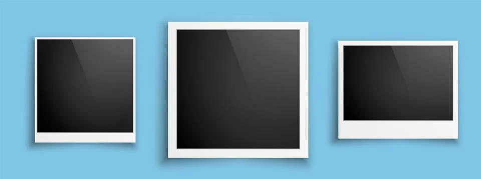 A set of three retro photo frames on a blue background. Vintage paper photos for イラスト素材