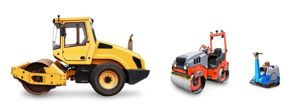 Set of three road rollers and compactors isolated on white. Heavy yellow, t.. Stock-Fotos