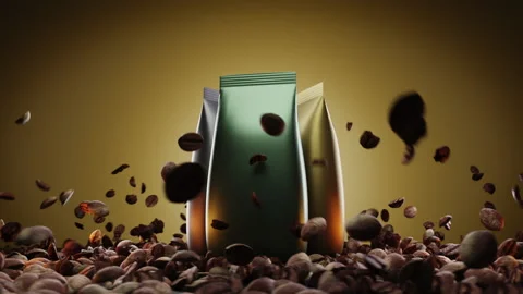 Set of three rotating vacuum packs of coffee in gold, silver and green colors Stock Footage 135003417