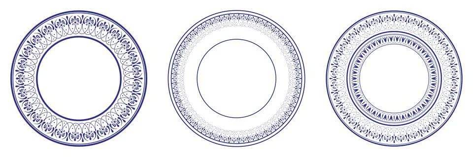 Set of three round frames with an intricate blue floral and ornate pattern Stock Illustration