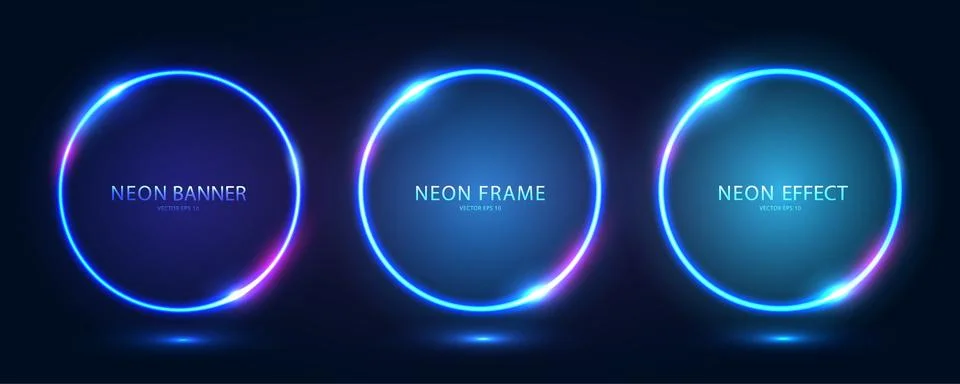 A set of three round neon frames with shining effects and highlights on a dark Stockillustratie
