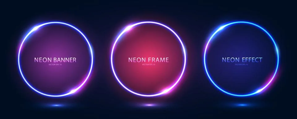 A set of three round neon frames with shining effects and highlights on a dark Illustrazione stock
