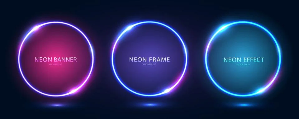 A set of three round neon frames with shining effects and highlights on a dark Stock Illustration