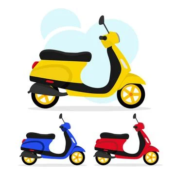 Set of three scooters in different colors on a white background, vector illus Stock Illustration