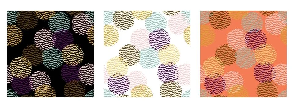 Set of three seamless abstract circle pattern with hand drawn diagonal line.. Stock Illustration