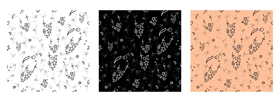 Set of three seamless celestial patterns with hand drawn stars, moons, come.. Illustrazione stock