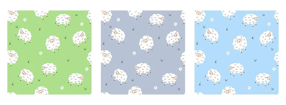 Set of three seamless cute sheep patterns on green, gray and blue backgroun.. Stockillustratie
