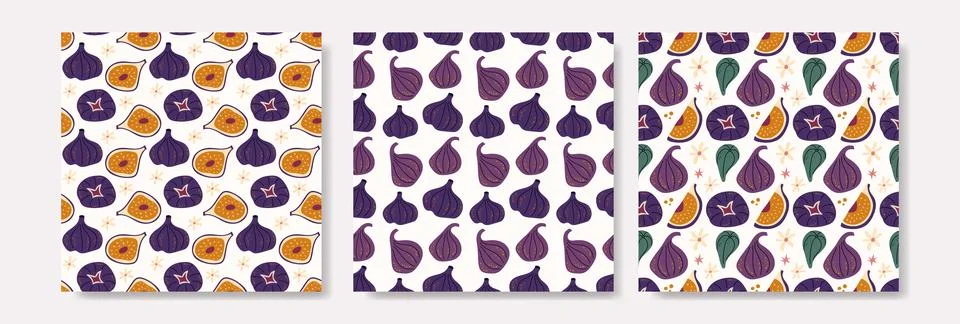 Set of Three Seamless Fig Patterns with Whole Fruits Slices and Leaves Illustrazione stock