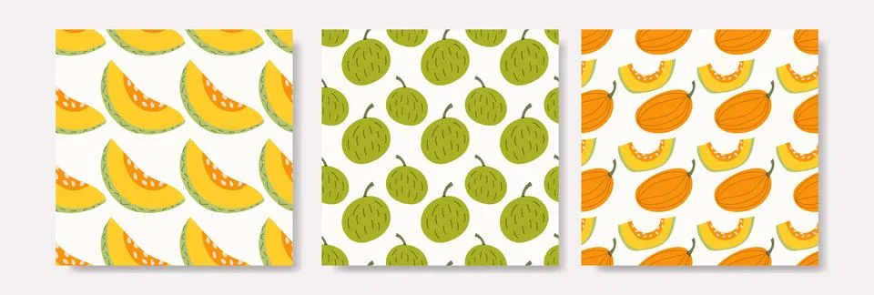 Set of Three Seamless Melon Patterns for Summer and Autumn Stock Illustration