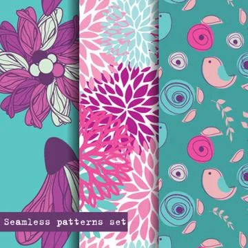 Set of three seamless pattern. Flowers and birds theme. Stock-Illustration