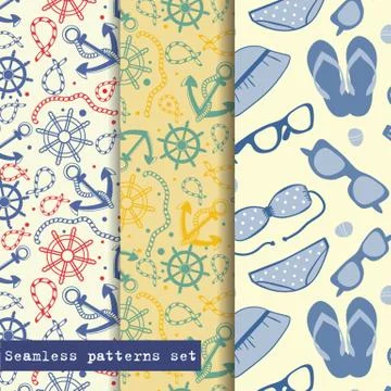 Set of three seamless pattern. Sea and beach theme. Easy editable, vector 스톡 일러스트
