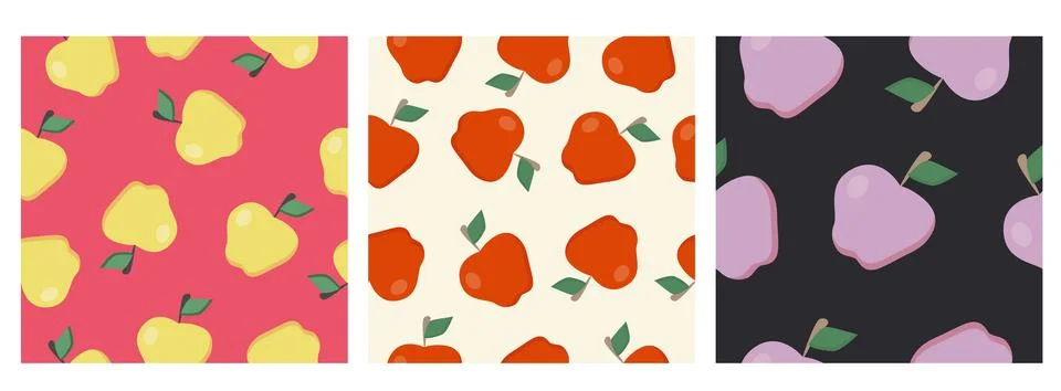 Set of three seamless patterns with apples. Red, yellow and purple fruits. Stock Illustration