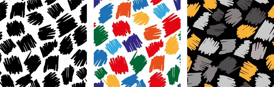 Set of three seamless patterns with doodles, black and white, rainbow colors Stock Illustration