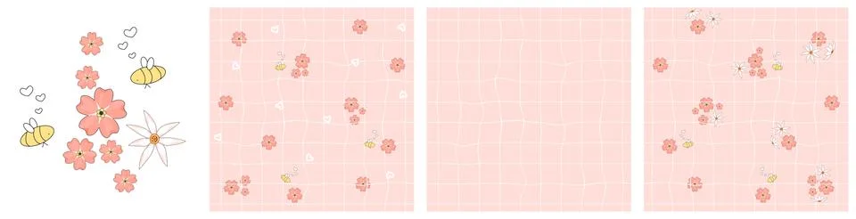 Set of three seamless repeat patterns. White daffodils, pink forget me not fl Stock Illustration