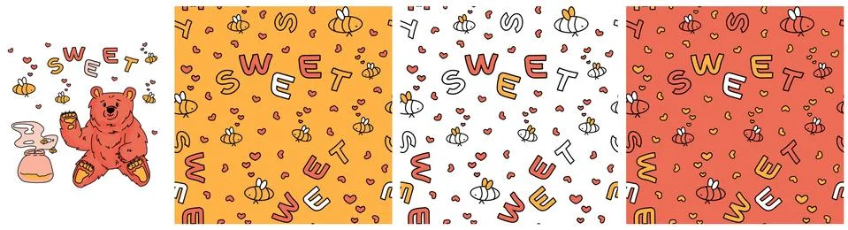 Set of three seamless vector patterns of outline cartoon bees, hearts, beehiv Stock Illustration