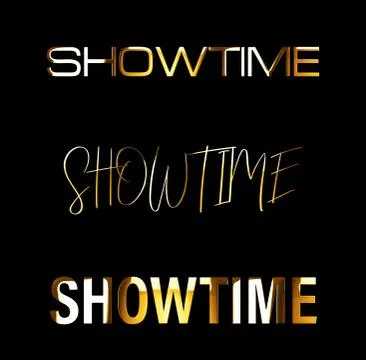 Set three of Showtime golden text word with light reflection effect lettering Stock Illustration