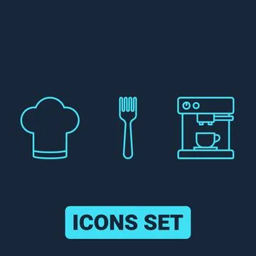 Set of three simple blue line icons representing a chef hat, fork, and coff.. Illustrazione stock