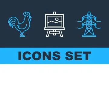 Set of three simple line art icons: rooster, easel with landscape painting,.. 스톡 일러스트