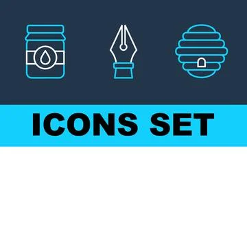 Set of three simple line art icons: honey jar with drop, fountain pen nib, .. Illustrazione stock