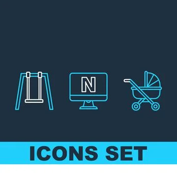 Set of three simple line art icons: children's swing, computer monitor with.. 스톡 일러스트