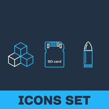 Set of three simple line art icons: stacked cubes, SD card, and bullet, on .. Stock Illustration