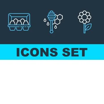 Set of three simple line art icons: carton of eggs, honey dipper with honey.. Stock Illustration