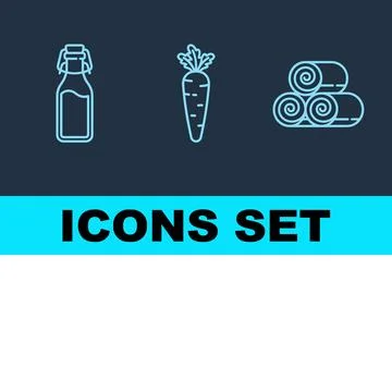 Set of three simple line art icons: glass bottle with stopper, fresh carrot.. 库存插图