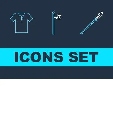 Set of three simple line art icons: t-shirt, flag on pole, and spear weapon.. 库存插图