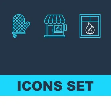 Set of three simple line art icons: oven mitt, storefront, and window with .. 库存插图