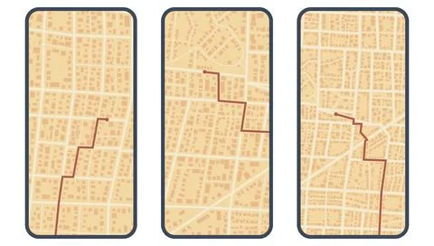 Set of three smartphone screens displaying city street maps with red navigation Stock Illustration
