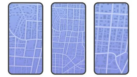 Set of three smartphone screens displaying blue city map layouts with streets Illustrazione stock