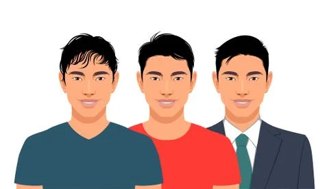 Set of three smiling asian man Stock Illustration