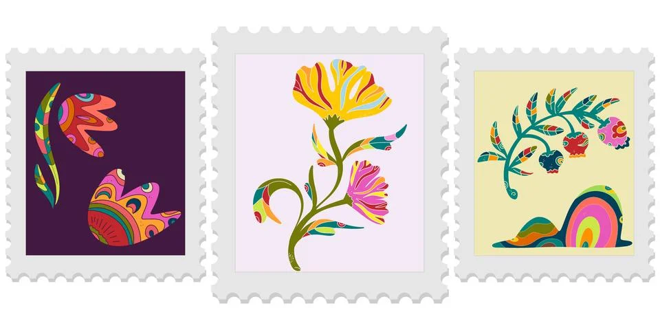A set of three spring postage stamps. Festive, bright Easter motifs with folk Stock Illustration