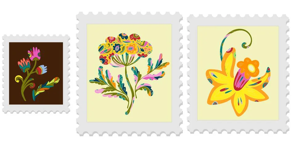 A set of three spring postage stamps. Festive, bright Easter motifs with folk Stock Illustration