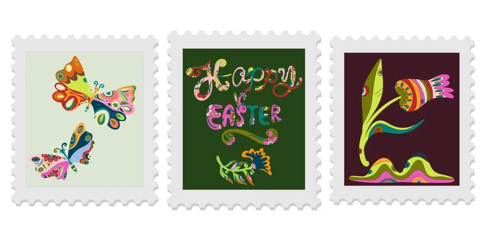 A set of three spring postage stamps. Festive, bright Easter motifs with folk Ilustración de archivo