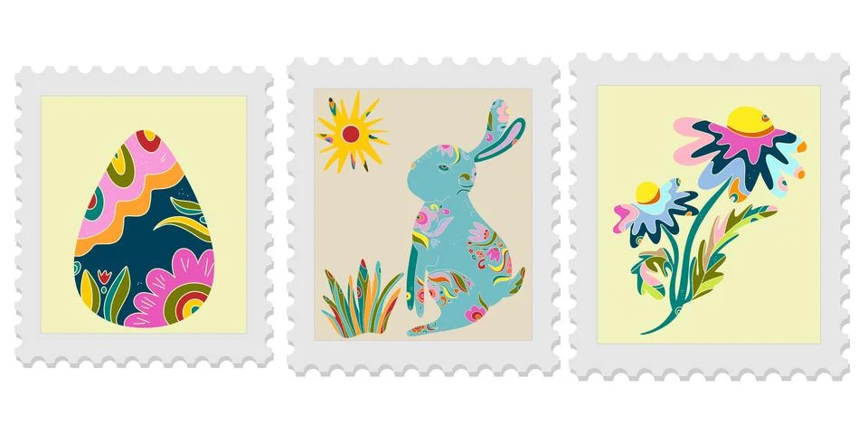 A set of three spring postage stamps. Festive, bright Easter motifs with folk Ilustración de archivo