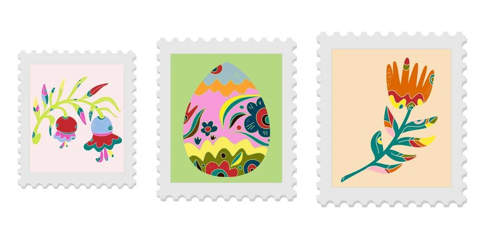 A set of three spring postage stamps. Festive, bright Easter motifs with folk Ilustración de archivo
