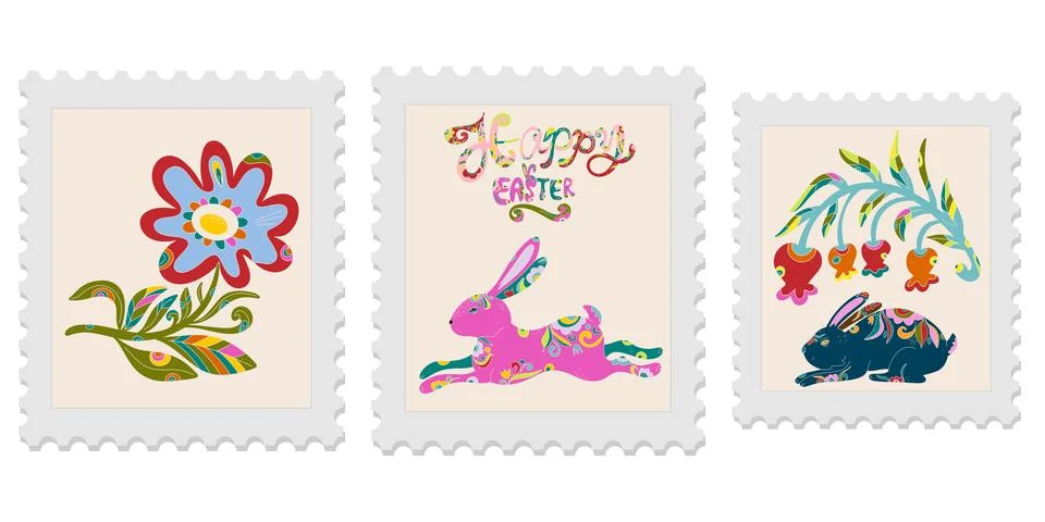 A set of three spring postage stamps. Festive, bright Easter motifs with folk Ilustración de archivo